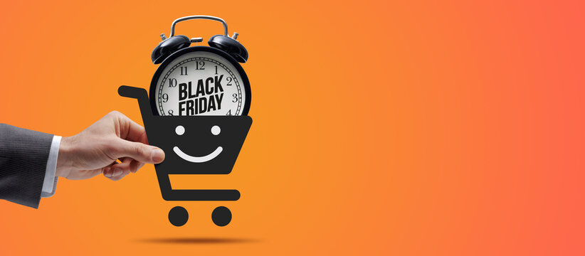 Black Friday sale: customer holding a shopping cart icon with alarm clock