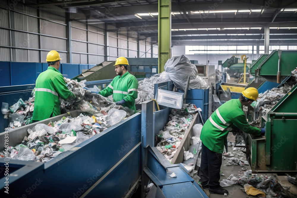 Wall mural waste sorting plant. many different conveyors and bunkers. workers sort the garbage on the conveyor.