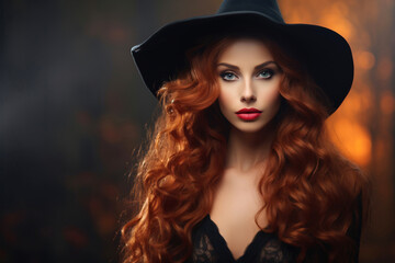Red-haired woman or girl in a witch costume on a dark background. Halloween. Festive costume. The young girl was preparing for the holiday.