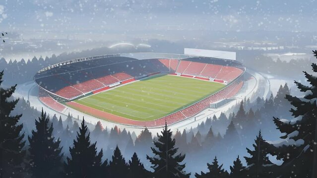 a football stadium where football matches are played from afar on a snowy winter day. Cartoon or anime illustration style. seamless looping 4K time-lapse virtual video animation background.