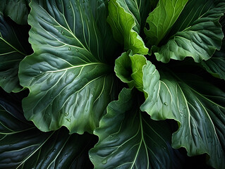 Fototapeta premium Fresh green cabbage background, top view. Vegetarian food concept.