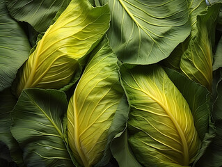 Close up view of fresh green cabbage in the garden. Nature background.