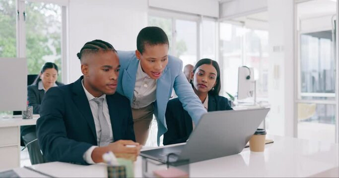 Business people, team manager and laptop for finance advice, sales analysis or accounting solution in office. Professional boss and internship employees on computer, online audit review and feedback