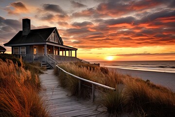 Beach House at Sunrise - Boardwalk, Sand Dunes, and Bungalow Overlooking the Beach - obrazy, fototapety, plakaty