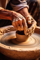 A craftsman's hands, shaping clay on a potter's wheel, emphasizing the art and skill of creation