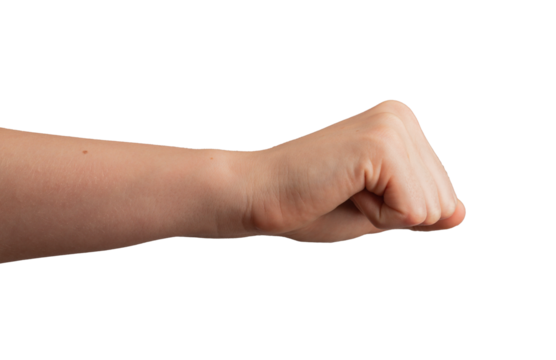 Female fist stretched forward, side view, greeting hand bump gesture, isolated on white background