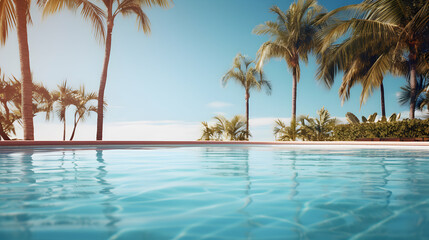 Calm and inviting image of a swimming pool, bathed in soft sunlight. 