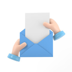 Cartoon Gesture Icon Mockup.hand pulls from envelope a sheet of empty paper. mail concept. 3d illustration in flat styleSupports PNG files with transparent backgrounds.
