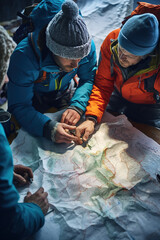 A group of skiers huddled around a map, plotting their next route, with vast snow-covered terrains and trails spread out before them