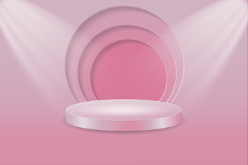 Pink realistic 3d cylindrical podium. Cut-out style 3D window background paper on a clean wall. Abstract studio. A minimal stage for products, for a showcase, for displaying an advertising layout.
