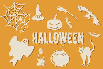 Happy Halloween. Vector cute illustrations of objects in the form of stickers, decals. Pumpkin head, black cat, ghosts, spider web, bat to create a postcard
