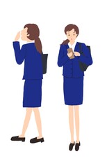 スーツを着た女性の後姿と携帯で調べている全身イラスト