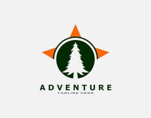 Adventure logo with green pine and compass. Simple circle design suitable for travel, trip, wildlife. 