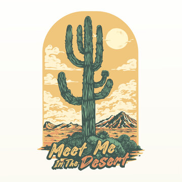 A graphic of a wild west desert landscape with a cactus and mountains in the background