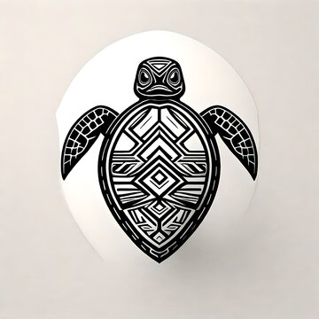A minimalist turtle logo done in black and white with sharp lines and fine details. Native art style.