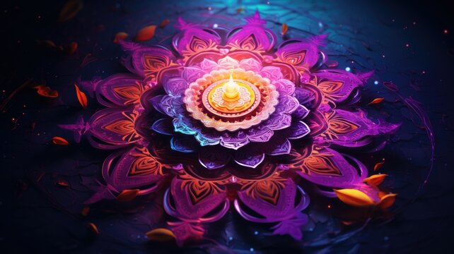 Colorful Rangoli Indian art flower with candle light flame in Diwali festival background