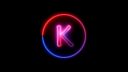 Glowing neon font. Blue, pink and red color glowing neon letter. Glowing neon line in a circular path around the alphabet.