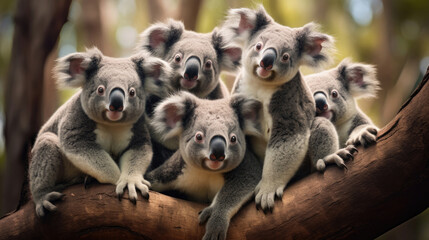 A group of funny koalas close-up