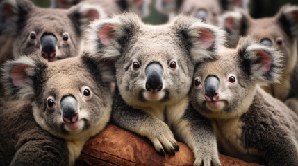 A group of funny koalas close-up
