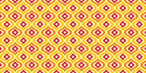 Retro flowers on mid century modern orange ogee seamless pattern background