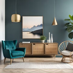 Creative composition of living room interior with mock up poster frame, copy space, wooden sideboard, vase with branch, rattan armchair, beige rug and personal accessories. AI generated