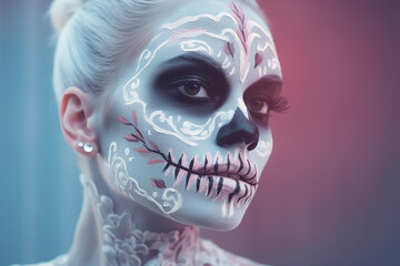 Portrait of woman with pastel blue, white and pink colored Los Muertos skull Halloween costume makeup.