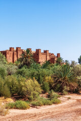 Fototapeta premium Aït Benhaddou in Morocco, a fortified village kasbah (ksar) of Aït Benhaddou in the foothills of the High Atlas Mountains