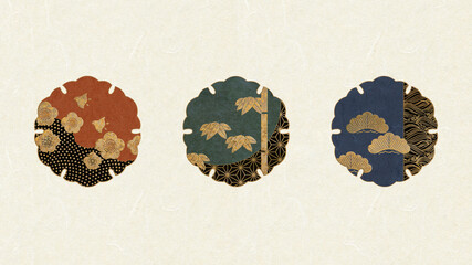 和紙背景　雪輪型枠　松竹梅　シンボルシルエット