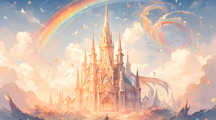 Fantasy castle on a background of the sky with clouds and rainbow, anime background - obrazy, fototapety, plakaty