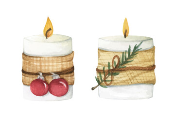 Set of lighting Christmas candle. Watercolor illustration.