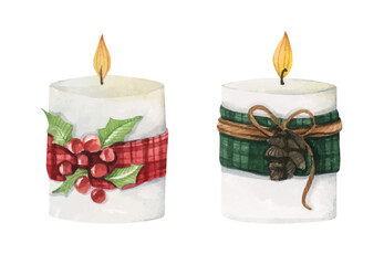 Set of lighting Christmas candle. Watercolor illustration.