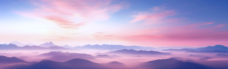 Pink and blue sky with mountains in the background. In the style of hazy romanticism - obrazy, fototapety, plakaty