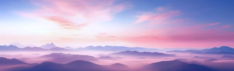 Fotobehang Lichtroze Pink and blue sky with mountains in the background. In the style of hazy romanticism
