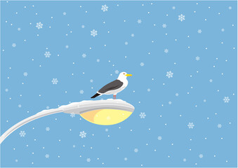 雪の結晶と電灯に止まっているオオセグロカモメのイラスト