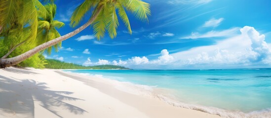 Beautiful tropical beach with white sand, turquoise ocean on background blue sky with clouds on sunny summer day