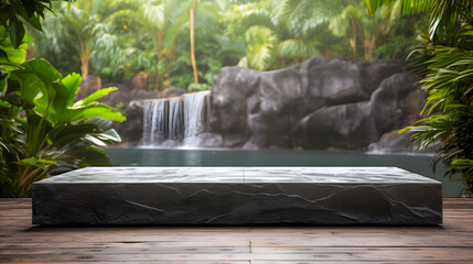 Rectangular grey stone podium for product presentation in front of blurred  waterfall in tropical rainforest.