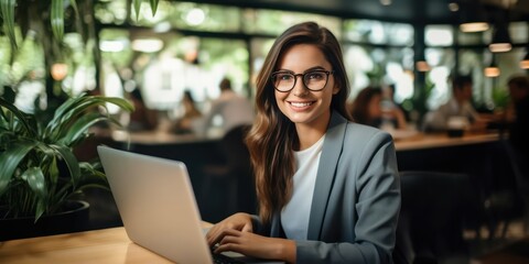 Businesswoman Working on Laptop at a Cafe Table