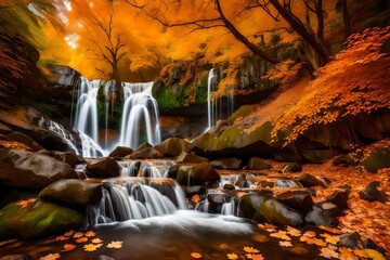A majestic waterfall in autumn, surrounded by a breathtaking display of vibrant foliage