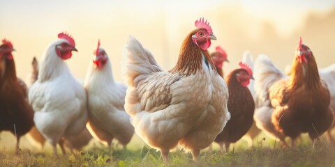 Fototapeta premium Rural Scene with Chickens at Sunrise