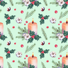 Seamless pattern of candles, mistletoe, cotton and fir branches. New Year and Christmas. Watercolor illustration.