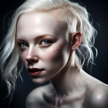 portrait of a beautiful albino thirty year old woman with freckles