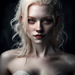 portrait of a beautiful albino thirty year old woman with freckles