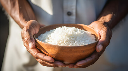 Close up of an asian indian man's hands holding a bowl of rice