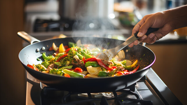 Close up of an asian indian man's hands holding a frying pan and making a stir fry