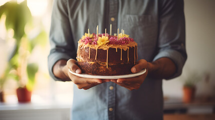 Close up of an asian indian man's hands holding a chocolate birthday cake - Powered by Adobe