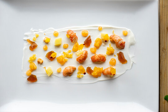 Overhead view of fancy food dish in preparation