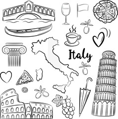 Set of hand drawn Italy icons, Rome set in vintage style. Vector doodle elements, Isolated national elements made in vector. © yura batiushyn