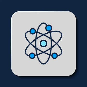 recommend clip art: Filled outline Atom icon isolated on blue background. Symbol of science, education, nuclear physics, scientific research. Vector