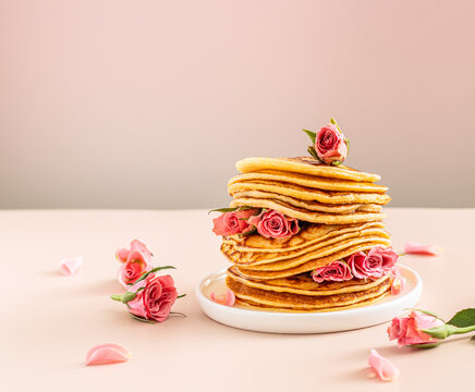 Beautiful  Pancakes With  honey and flowers. Cover for menu or recipes