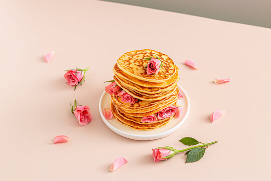 Banner with Fresh Pancakes With flowers. Cover for menu or recipes